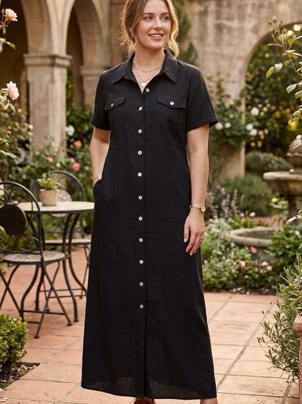 Vintage 90's Carolina Colours Black Linen Blend Front Button Maxi Dress